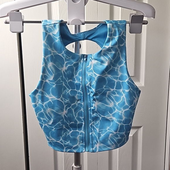 Women's Buff Bunny Blue White Marbeling Bra Crop Top Size Medium Zipper - Picture 5 of 5